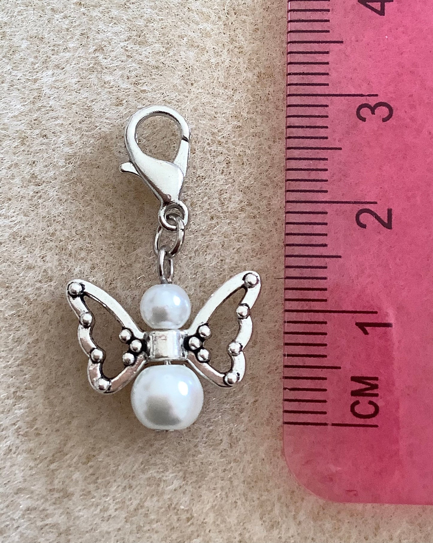 SALE Butterfly Angel Glass Pearl White Silver Zipper Charms Zipper Pulls, Clip on charms with lobster claw clasps, girls charms, gift charms