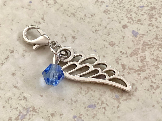 Blue Crystal Angel Wing Charm Clip on Lobster Clasp for Bracelet, Tibetan Silver Wing Light Blue Crystal, Locket Dangle, Bridal Garter Charm