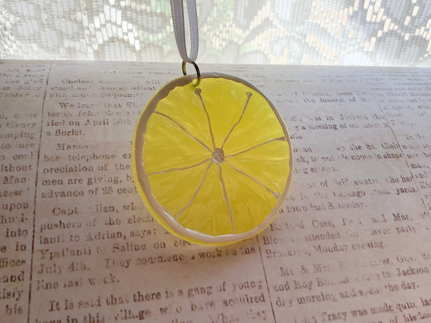 Fruity - Super cute lemon slice on a ribbon, sun-catcher for car, window ornament, when life gives you lemons make lemonade, lemon necklace
