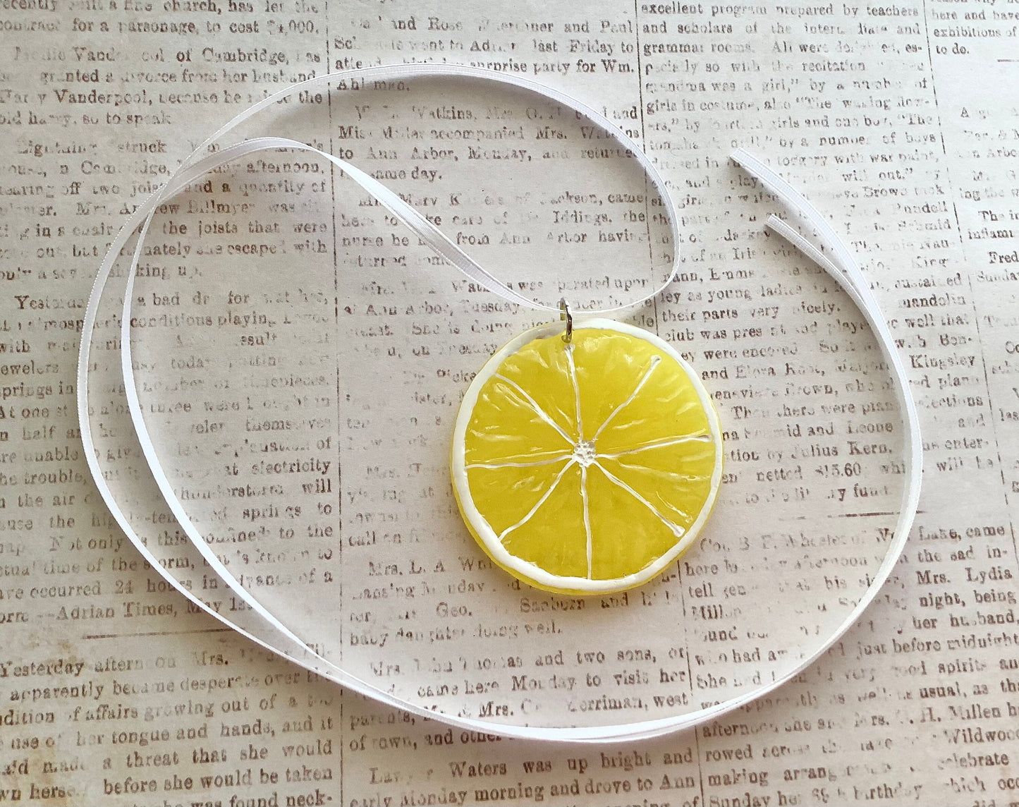 Fruity - Super cute lemon slice on a ribbon, sun-catcher for car, window ornament, when life gives you lemons make lemonade, lemon necklace