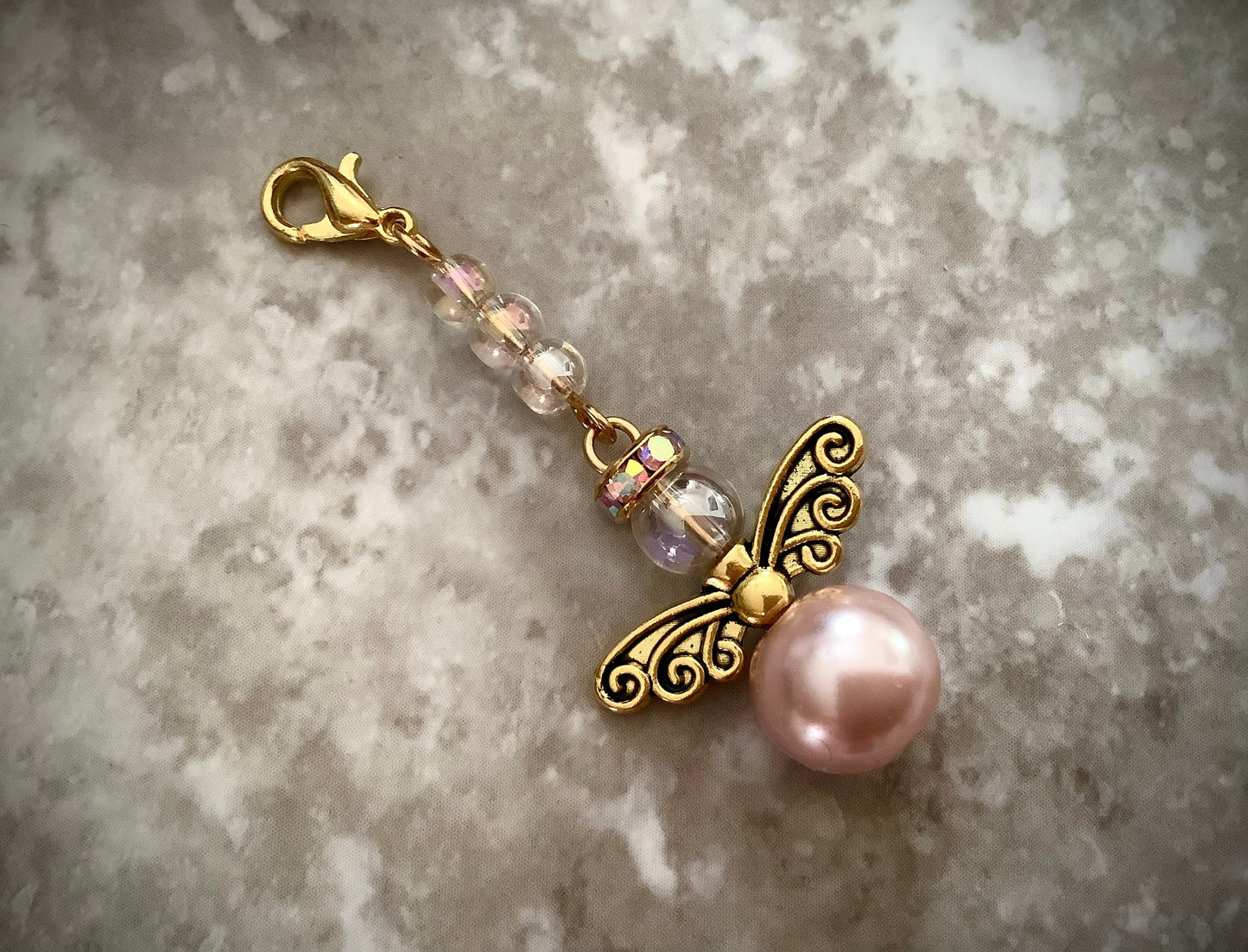 Bouquet Charm for Bride, Dusty Rose Pearl Angel Charm Memory Charm, Bible Case, Purse, Car Charm, Angel Charm, Bridesmaid Charm, Easter Gift