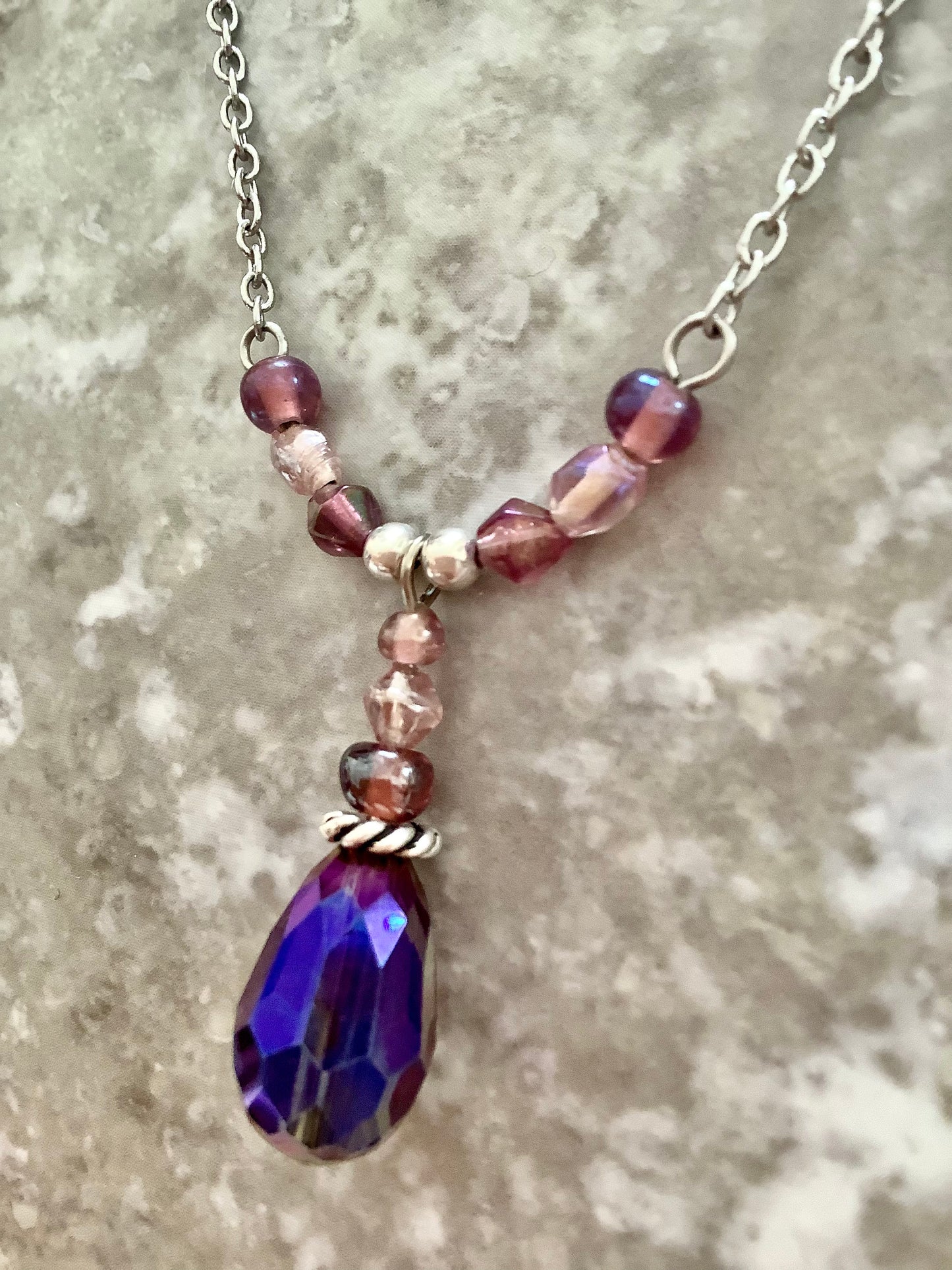 Smokey purple lariat style pendant necklace, purple crystals, glass beads, drop necklace, gorgeous necklace, gift boxed for her, purple