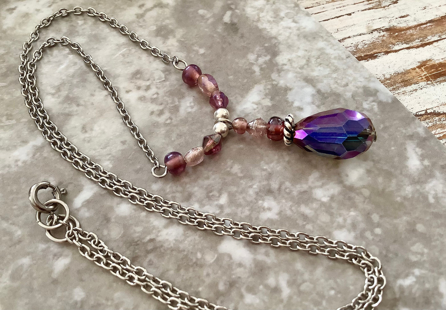 Smokey purple lariat style pendant necklace, purple crystals, glass beads, drop necklace, gorgeous necklace, gift boxed for her, purple