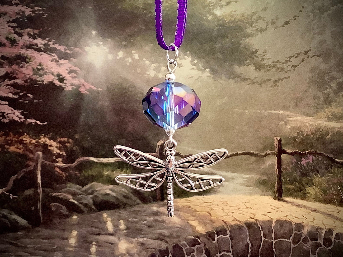 Dragonfly hanging charm on purple ribbon, dragonfly with crystal, dragonfly window charm, dragonfly for car, dragonfly gift, dragonfly charm