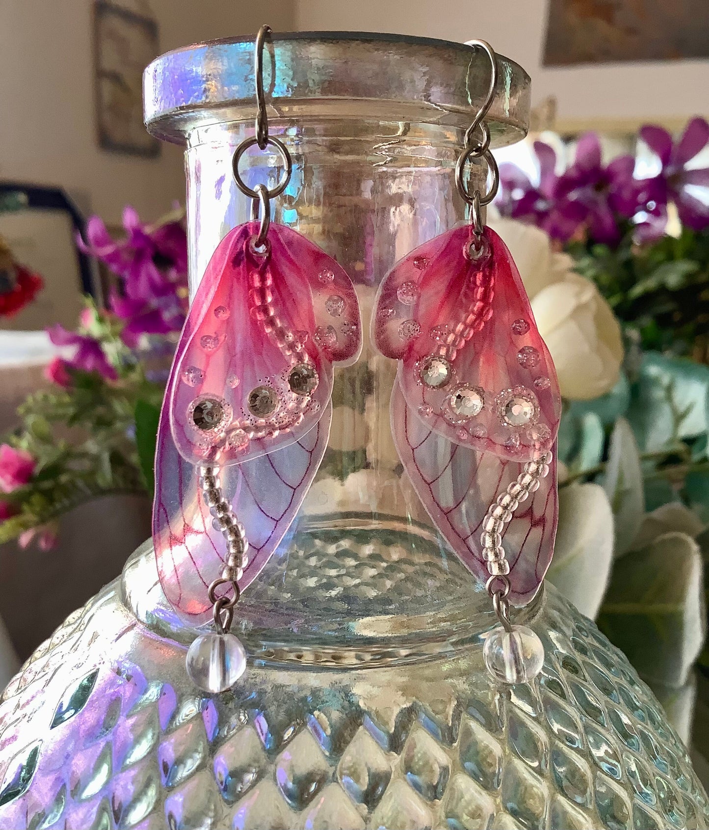 Fairy wing earrings, pink faerie wing earrings, wing earrings, stainless steel hooks, transparent wing earrings, steel glitter rhinestones