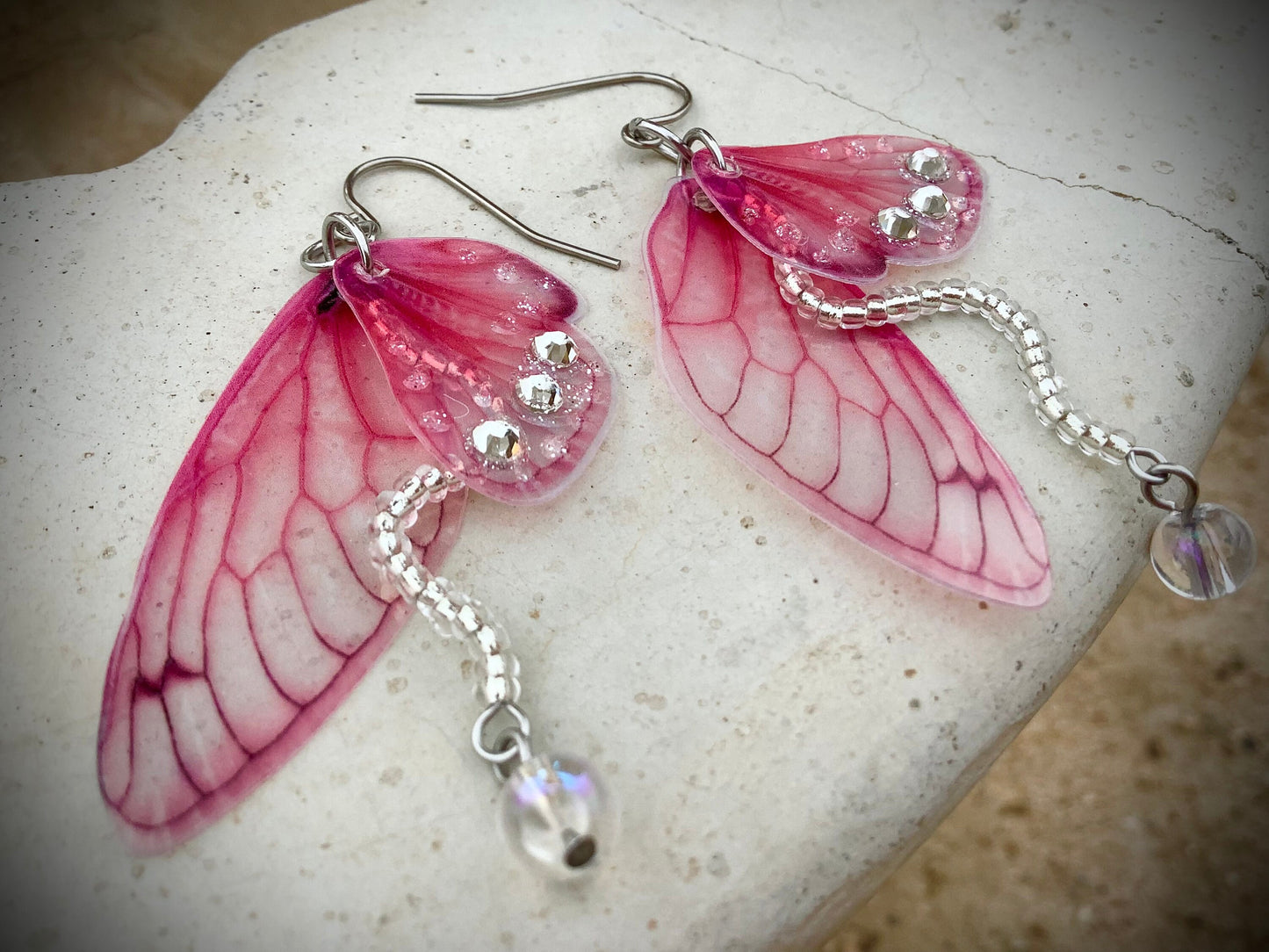 Fairy wing earrings, pink faerie wing earrings, wing earrings, stainless steel hooks, transparent wing earrings, steel glitter rhinestones