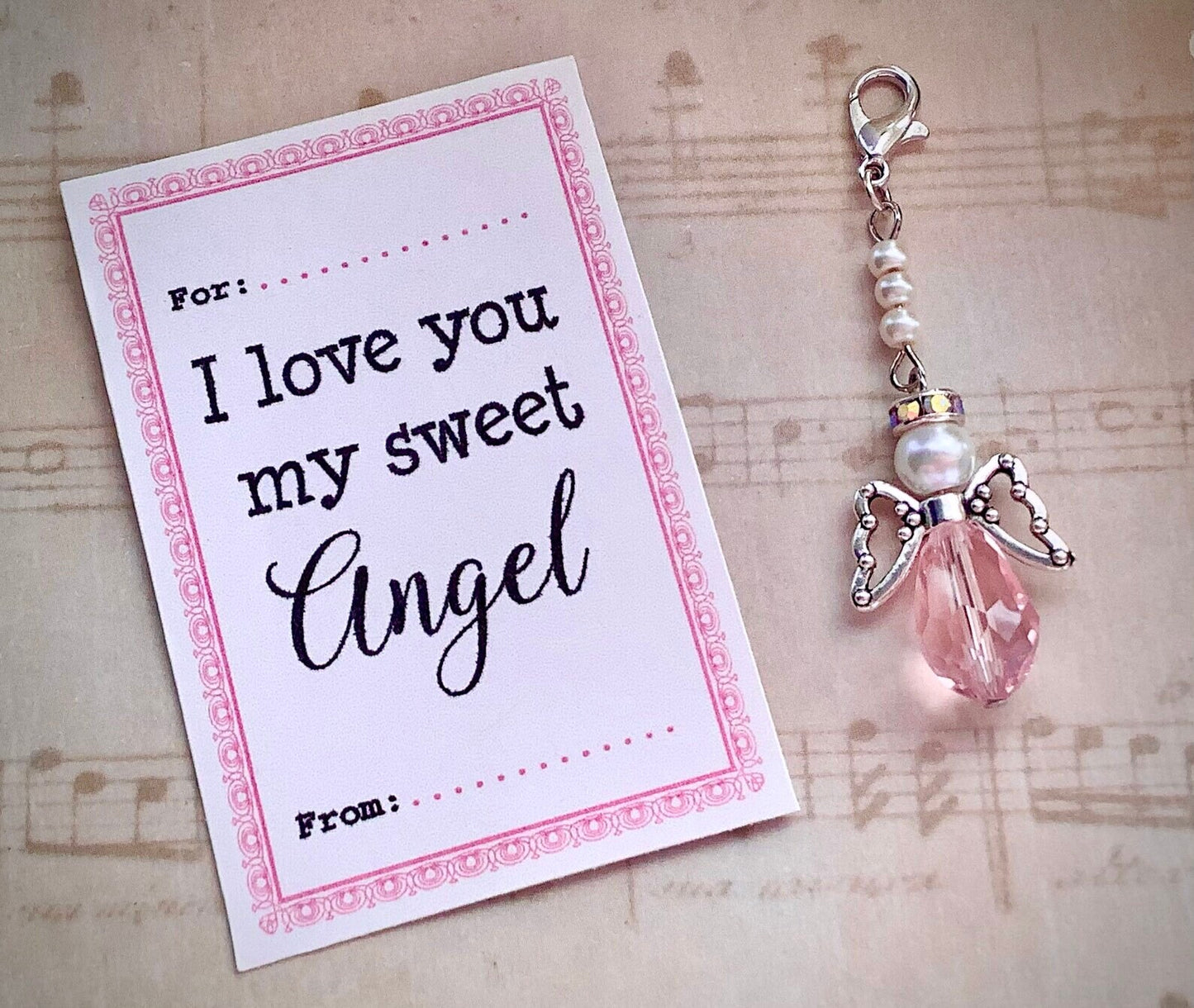 I Love You Angel, Tiny Pink Angel Charm, Crystal with glass pearls, Memory Charm, Bible Case, Purse Charm, Easter Gift For Her, Daughter Mom