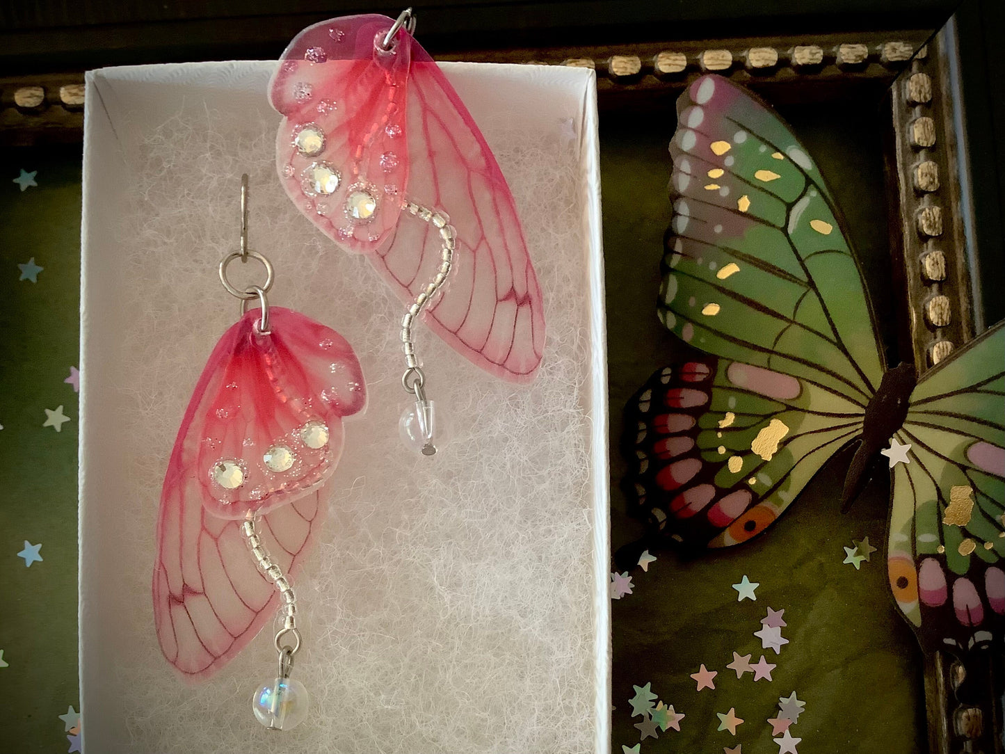 Fairy wing earrings, pink faerie wing earrings, wing earrings, stainless steel hooks, transparent wing earrings, steel glitter rhinestones