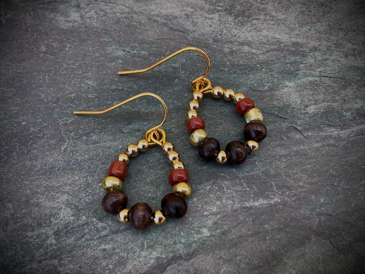 Boho earrings, wood, gold, brown, warm colored earrings, earthy earrings, beaded teardrops, beaded hoops, classy lady, dangle teardrops