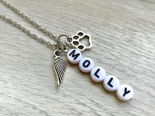Pet loss memorial necklace - pet name necklace - custom name charm - pawprint and angel wing