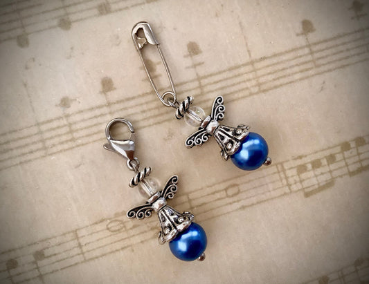 Something blue bouquet charm, pin or clasp, antique silver, pearl Angel, vintage style