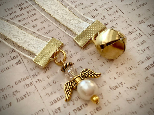 Ribbon Bookmark for Bibles - Hymnals - Guest Books - 12” Long - Angel Bookmark with Real Working Bell