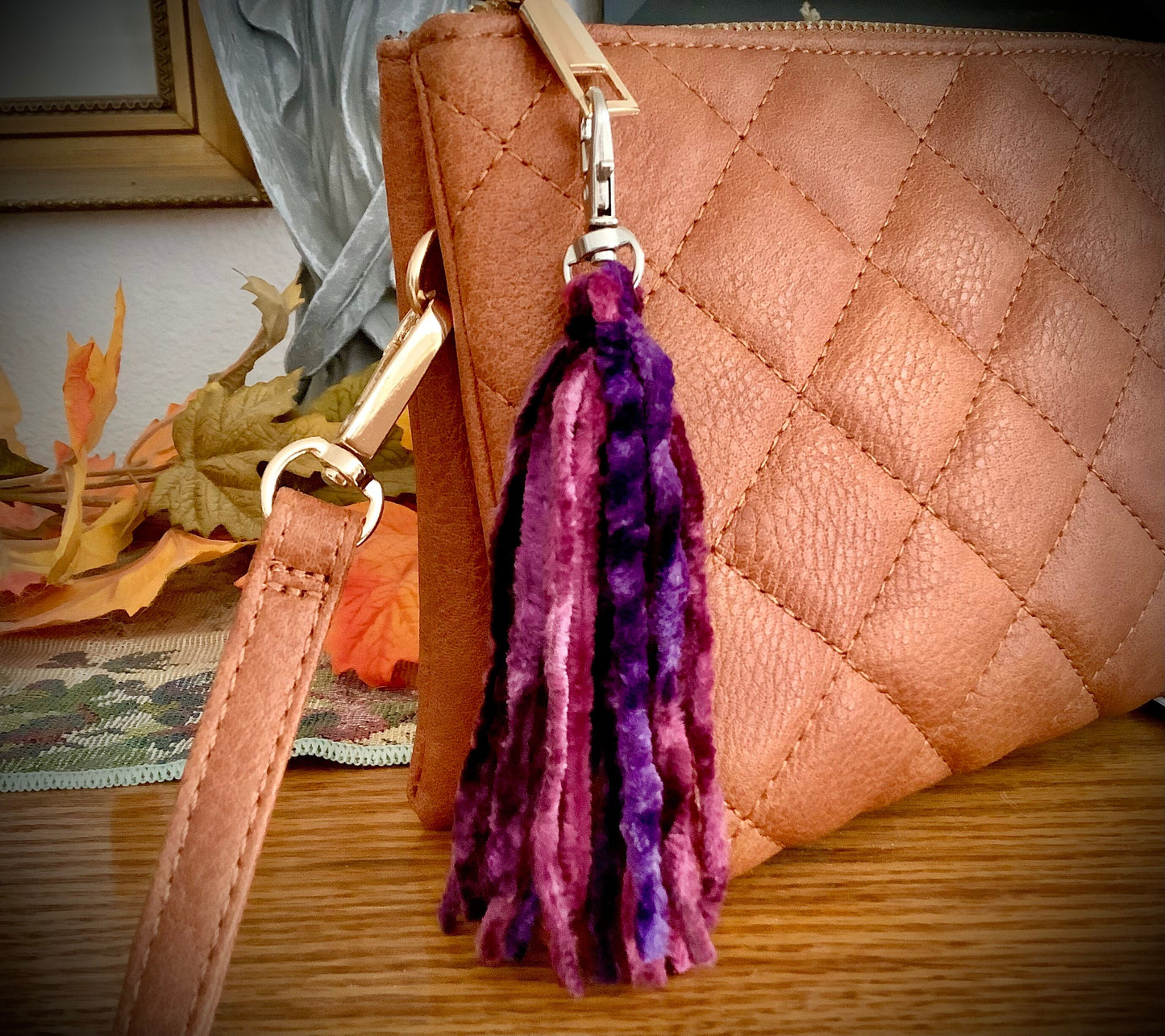 Purse Tassel | Fall Autumn purse accessories | Swivel hook handbag tassel | soft velvet Plum chenille | Cozy | Elegant | Fancy Bag Charm