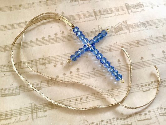 Cross ornament on ribbon | large crystal cross | blue crystal suncatcher