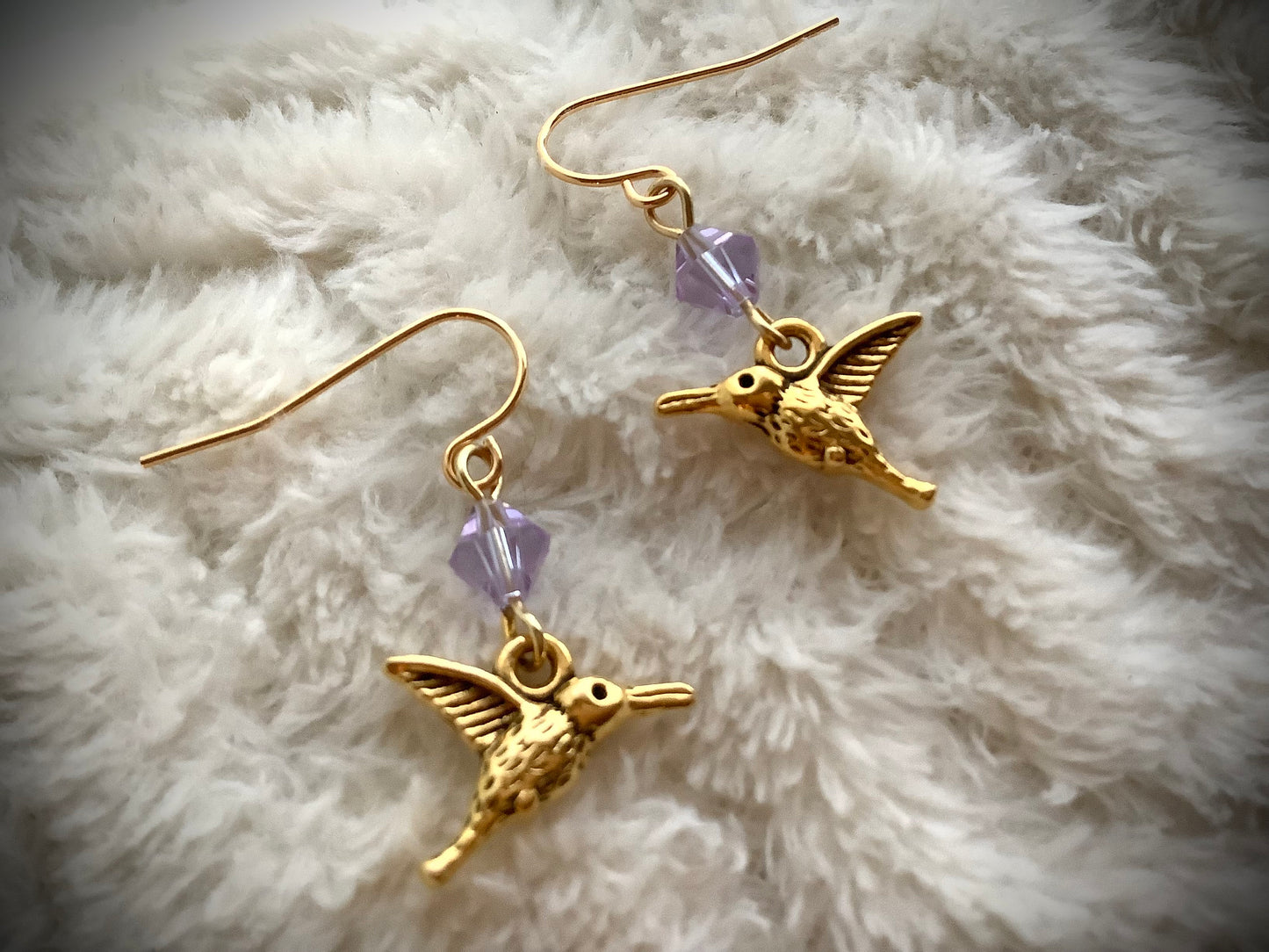Hummingbird Earrings, Gold Hummingbird earrings, light amethyst crystals