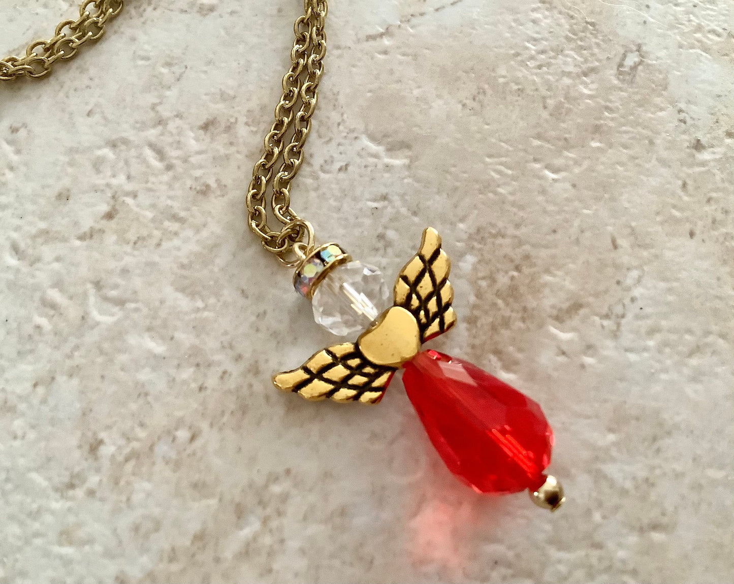 I love you Angel Pendant Necklace | Teardrop crystal necklace | Red Crystal | Valentines Day Gift for her