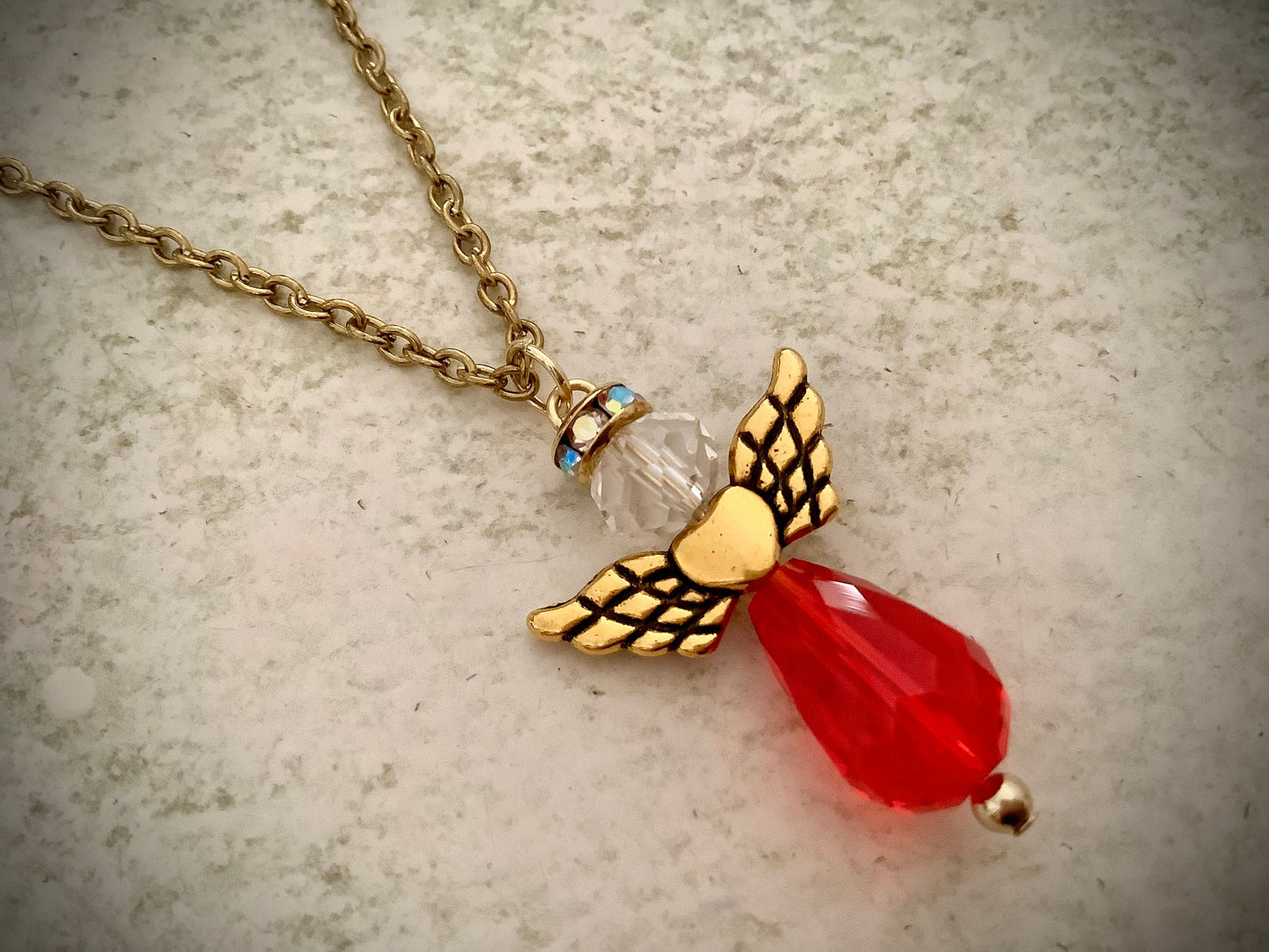 I love you Angel Pendant Necklace | Teardrop crystal necklace | Red Crystal | Valentines Day Gift for her