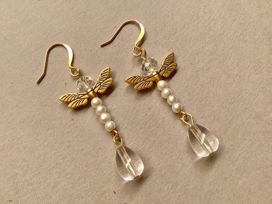 Dragonfly earrings, vintage style crystal and glass pearls dangle earrings, Victorian style jewelry , Art Deco, Greek Goddess, Magical Drops