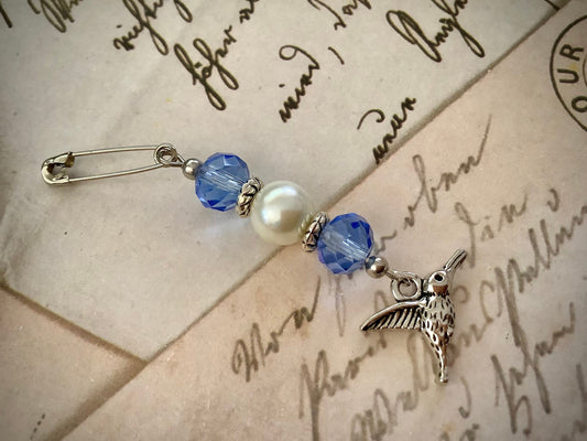 Hummingbird Memory Bouquet Charm Pin, Blue Wedding Bouquet Charm, Something Blue Charm for Bride, Wedding Charm, Vintage Bridal Accessories