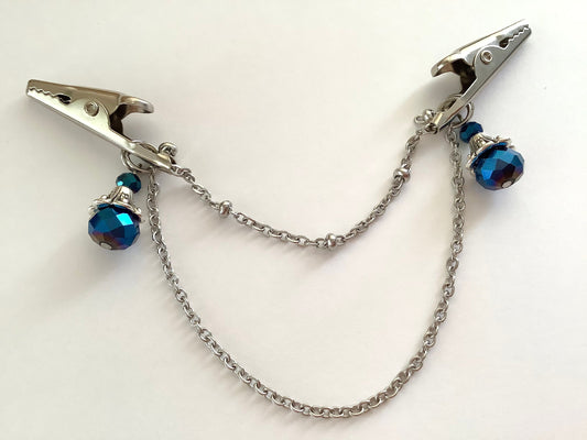 Scarf clip, cardigan clip, cincher, sweater clip, scarf holder, blue metallic crystals and silver chains, vintage stying, OOAK design