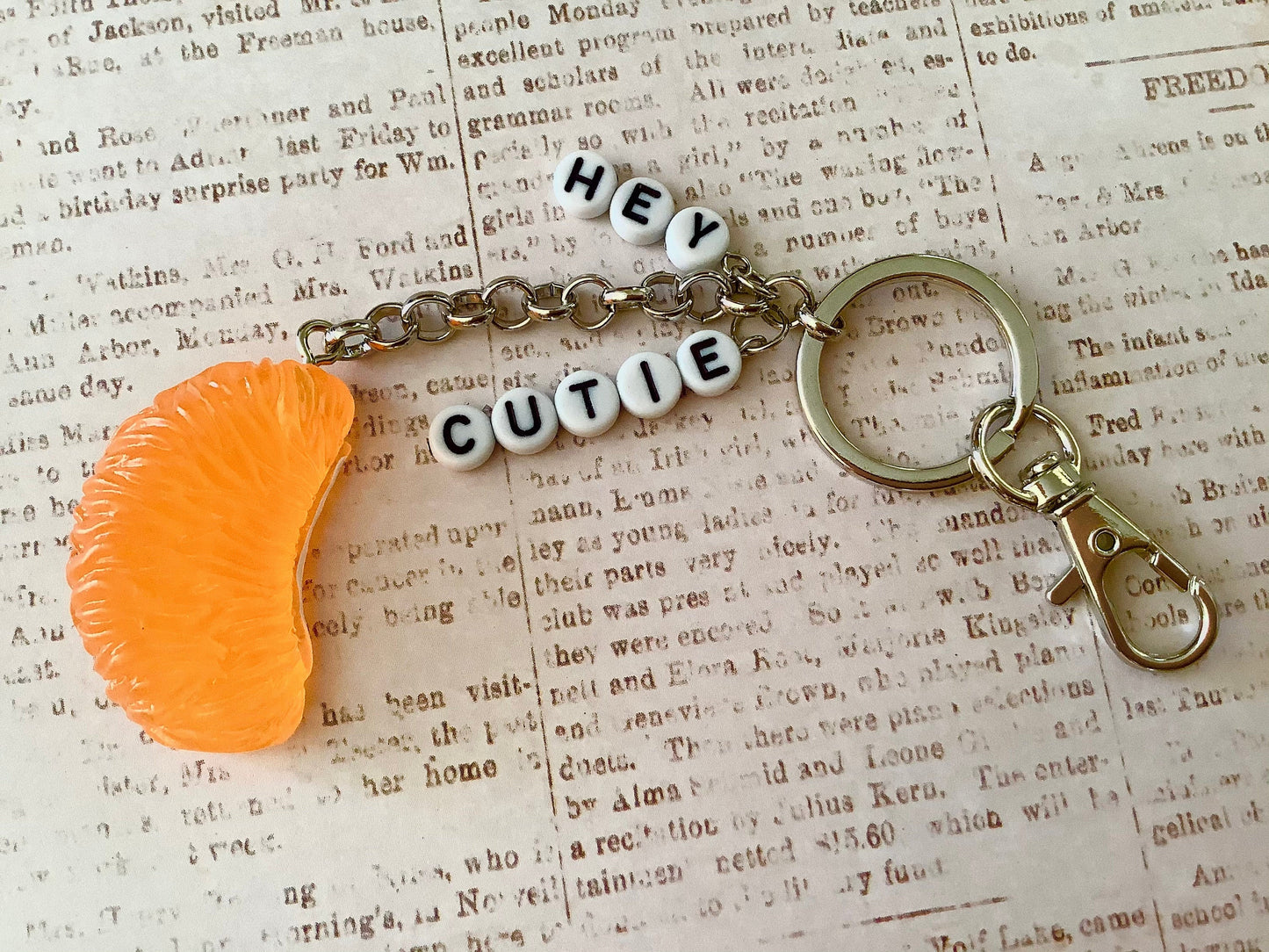 Hey Cutie, orange you glad I love you? keychain orange slice charm key fob, realistic orange slice key chain, key holder, eclectic keychain,