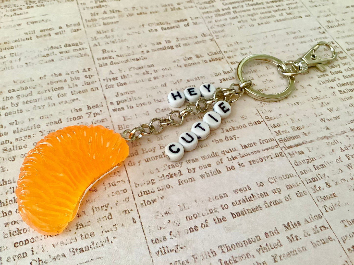 Hey Cutie, orange you glad I love you? keychain orange slice charm key fob, realistic orange slice key chain, key holder, eclectic keychain,