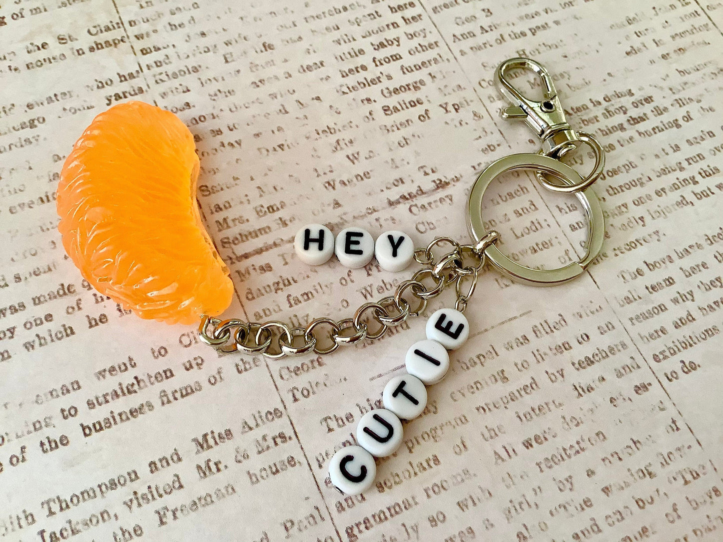 Hey Cutie, orange you glad I love you? keychain orange slice charm key fob, realistic orange slice key chain, key holder, eclectic keychain,