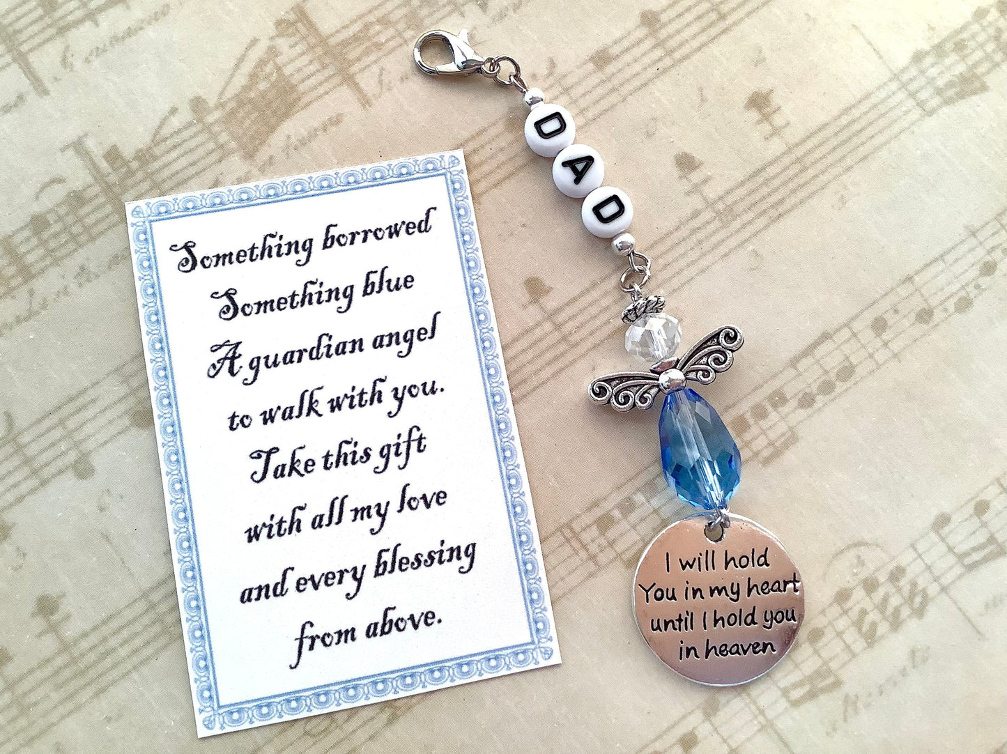 Something Blue, Father Memory Charm Angel for Bridal Bouquet, Wedding Bouquet Angel, I will hold you in my heart until I hold you in heaven