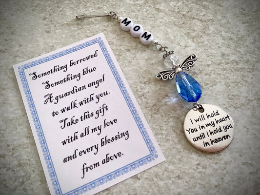 Something Blue, Dad or Mom, Memorial Charm Bridal Bouquet, Wedding Bouquet Angel, I will hold you in my heart until I hold you in heaven